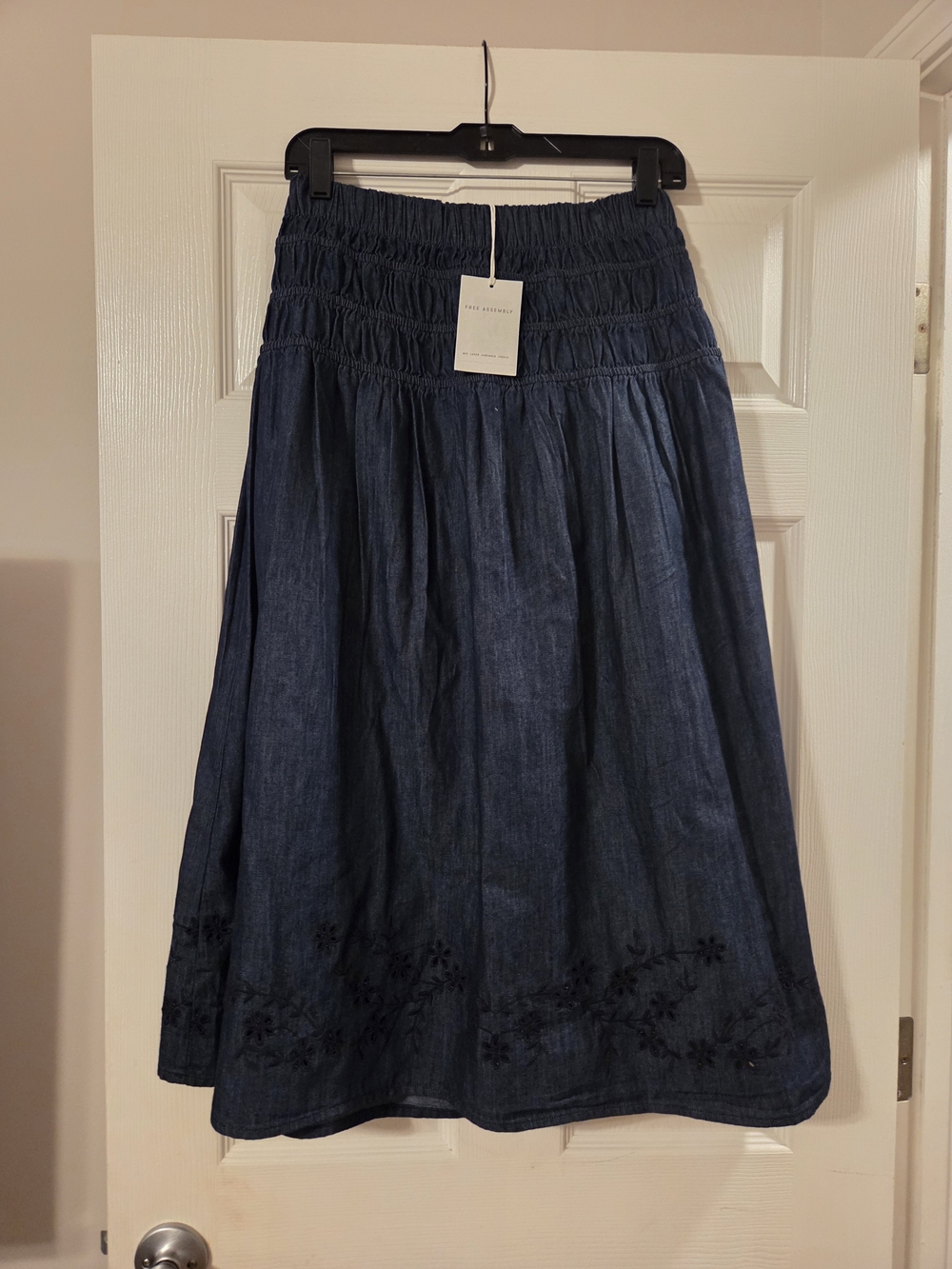 Smocked Waist Dark Blue Maxi Skirt with Embroidered Hem